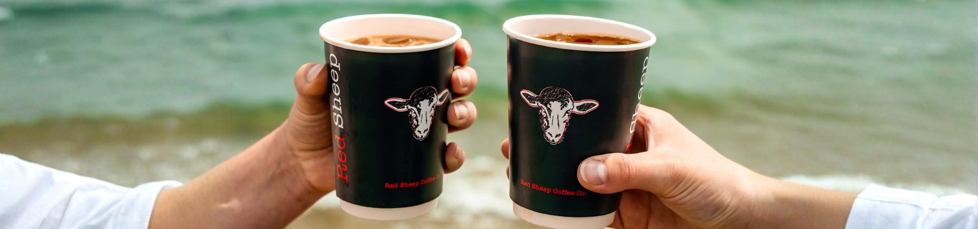 Red Sheep Coffee cups by the sea